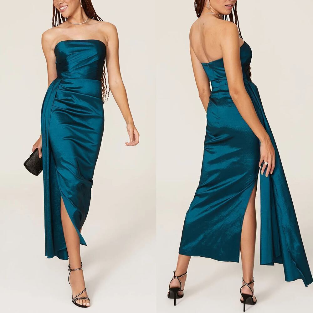 Elle Zeitoune Paulina Dress Strapless Sheath Maxi Gown Satin Blue Green Medium